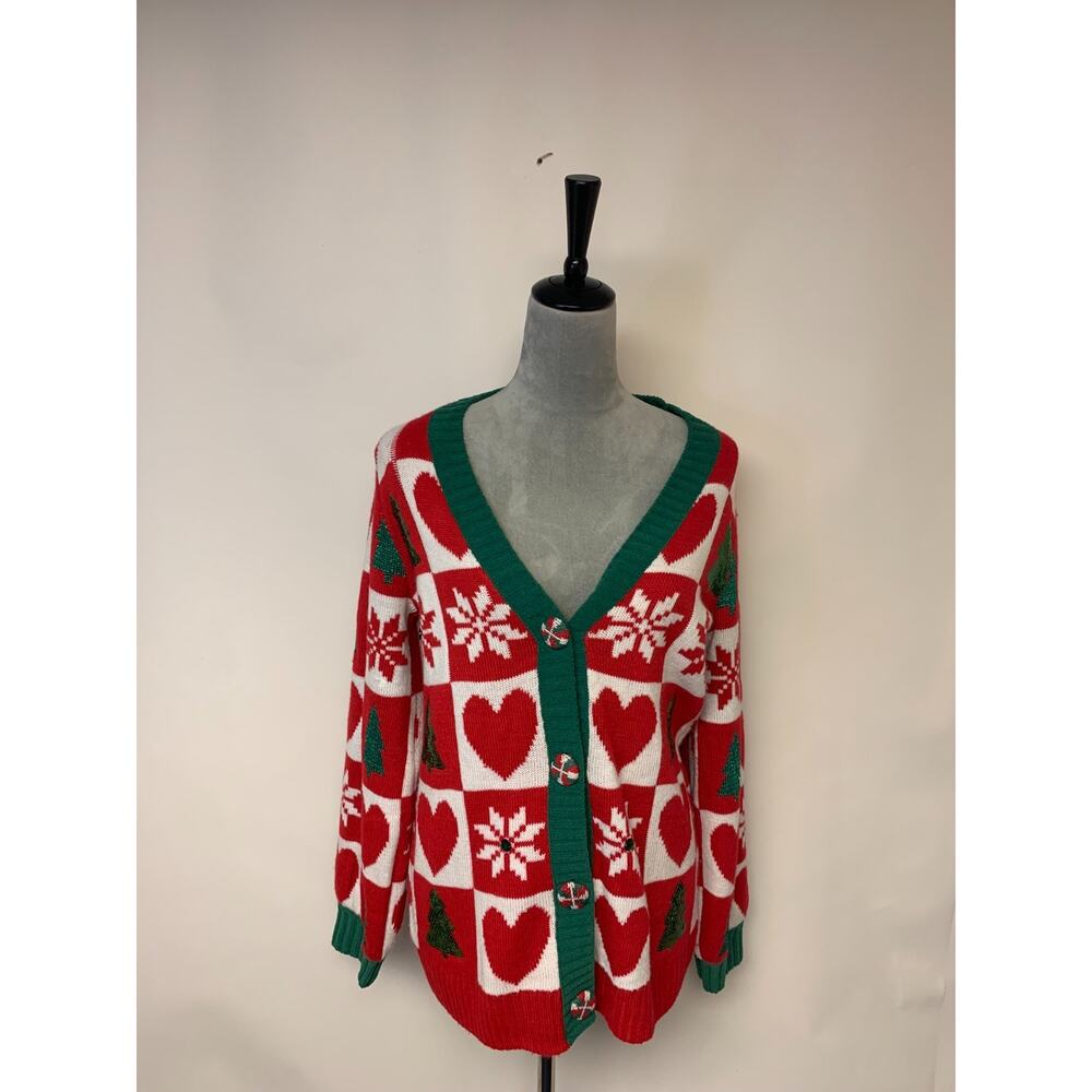 Holiday Time Cardigan Sweater Checkerboard Pattern Snowflakes Hearts Sequins XS
